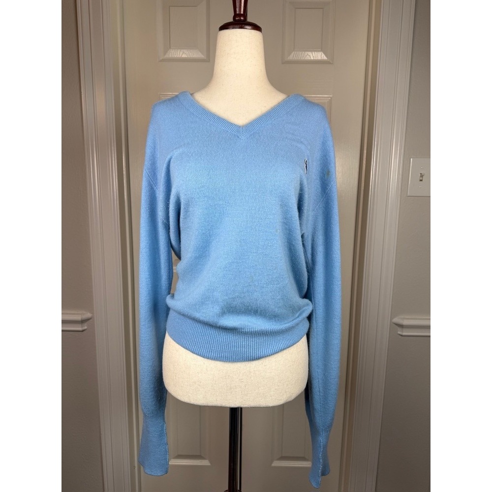 Izod Lacoste 60's Light Blue V-Neck Sweater Women Small Crocodile Logo